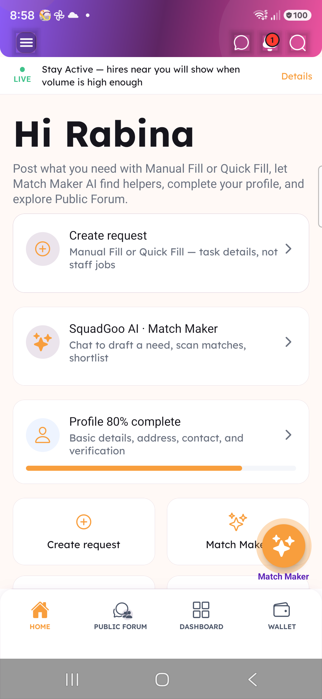 SquadGoo Customer home in the app